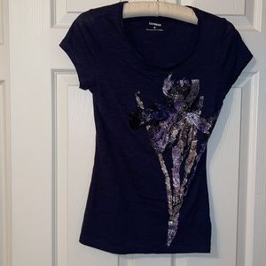 Express XS Navy Short Sleeve Top with Sparkle Iris Flower Size XS